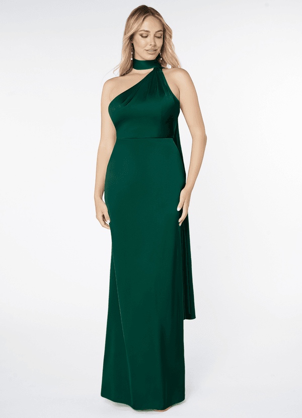 Azazie Kaylani Bridesmaid Dresses Emerald Mermaid High Neck Stretch Satin Dress image1