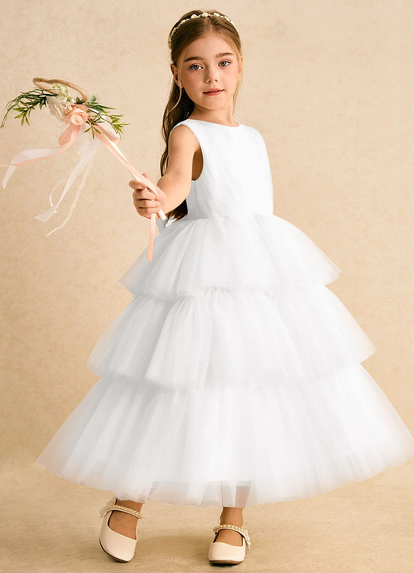 Azazie Marshmallow Flower Girl Dresses White Ball-Gown Bow Tulle Dress image1