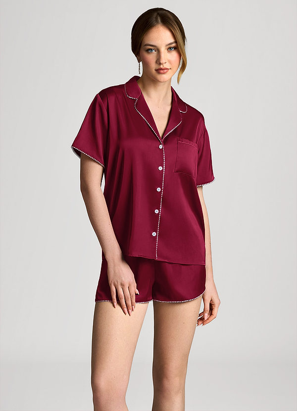 front Burgundy Satin Lurex Trim Short Sleeve Pajama Set
