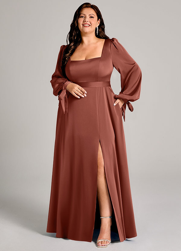 Azazie Leonia Robes Demoiselle d'honneur Robe Trapèze en Satin extensible Manche longue Auburn image1
