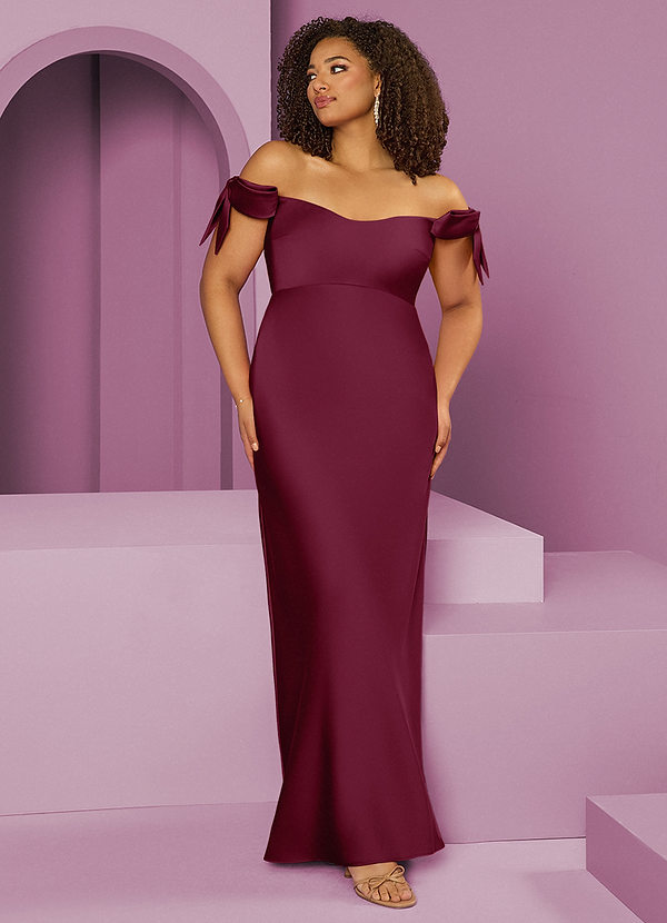 Barbie ♥ Azazie Bridesmaid Dresses Mulberry Sheath Off the Shoulder Stretch Satin Convertible Dress image1