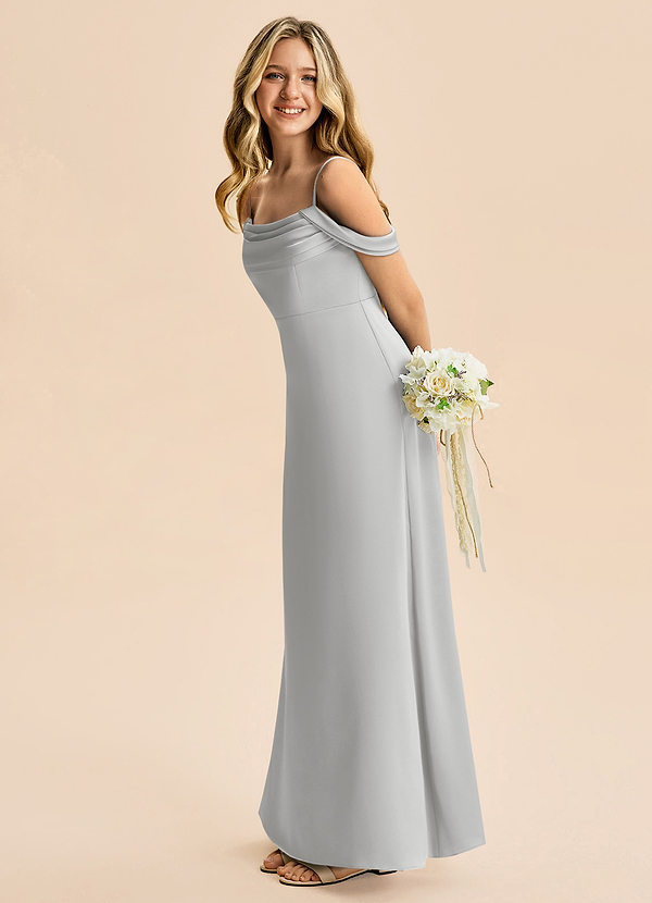 Azazie Lettie Junior A-Line Off-Shoulder Stræk satin Gulv-længde Junior brudepige Kjole image1