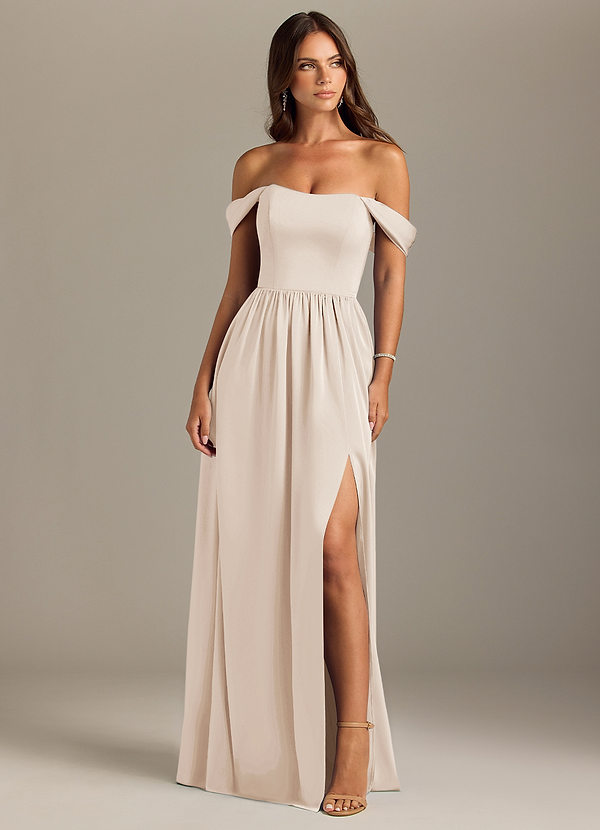 Azazie Calianna Bruidsmeisjes Jurken Converteerbaar Jurk van Stretch Satijn met A-Lijn Off the Shoulder Wit Albast image1