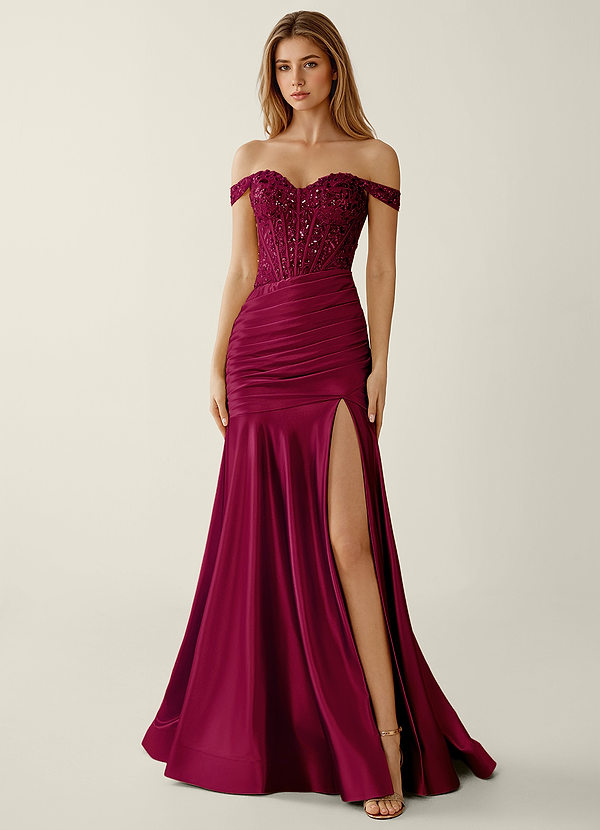 Briareny Burgundy Lace Sequin Embroidery Stretch Satin Prom Dress image1