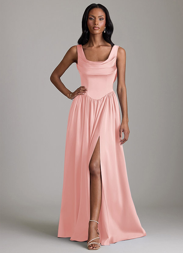 Azazie Novi Bridesmaid Dresses Powder Pink A-Line with Pockets Stretch Satin Dress image1