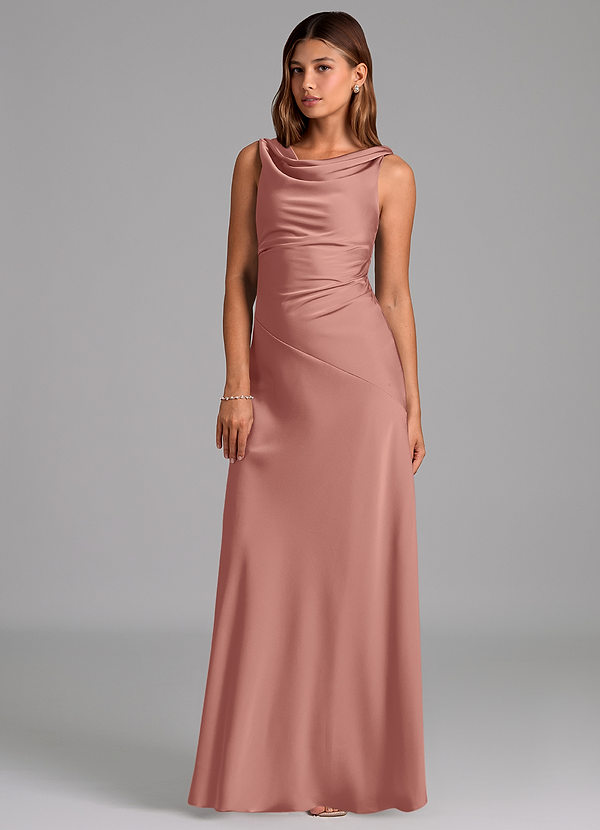 Azazie Nerine Bridesmaid Dresses Rosette A-Line Pleated Stretch Satin Dress image1