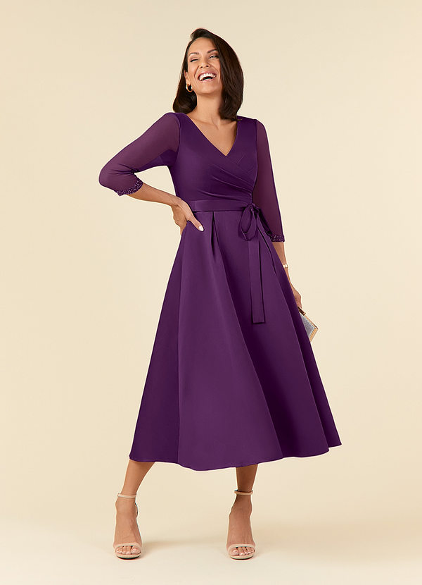Azazie Maritza Mother of the Brides Dresses Grape A-Line Pleated Matte Satin Dress image1