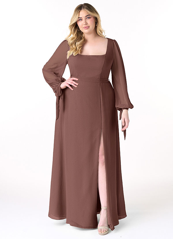 Azazie Leonia Bridesmaid Dresses Espresso A-Line Long Sleeve Chiffon Dress image1