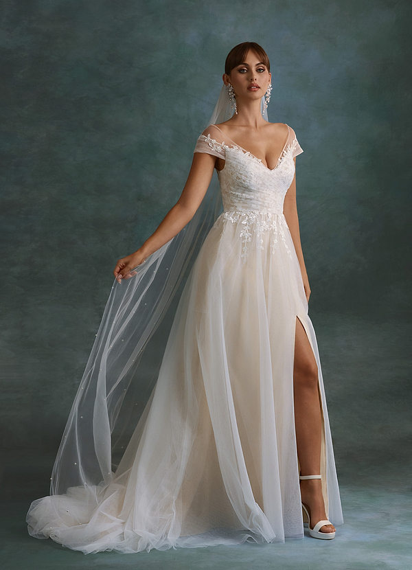 Azazie Bellisima Wedding Dresses Diamond White Champagne A-Line V-Neck Tulle Dress image1