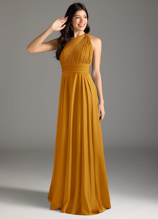 Azazie Charlize Bridesmaid Dresses Butterscotch A-Line One Shoulder Stretch Satin Dress image1