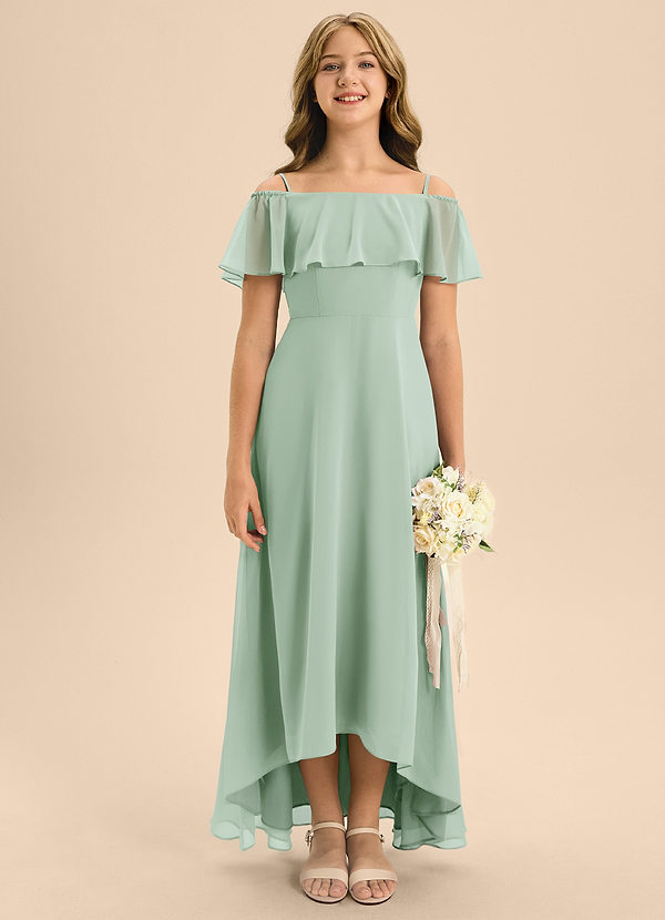 Azazie Maggie Junior Agave A-Line Off the Shoulder Chiffon Dress image1