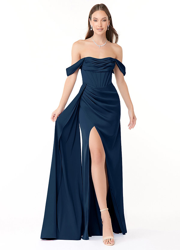 Azazie Amyra Bridesmaid Dresses Dark Navy Fitted Convertible Stretch Satin Dress image1