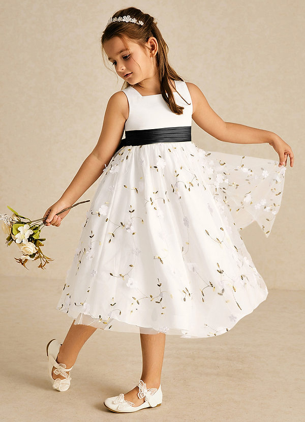 Azazie Pollie Flower Girl Dresses Ivory Black A-Line Bow Tulle Dress image1