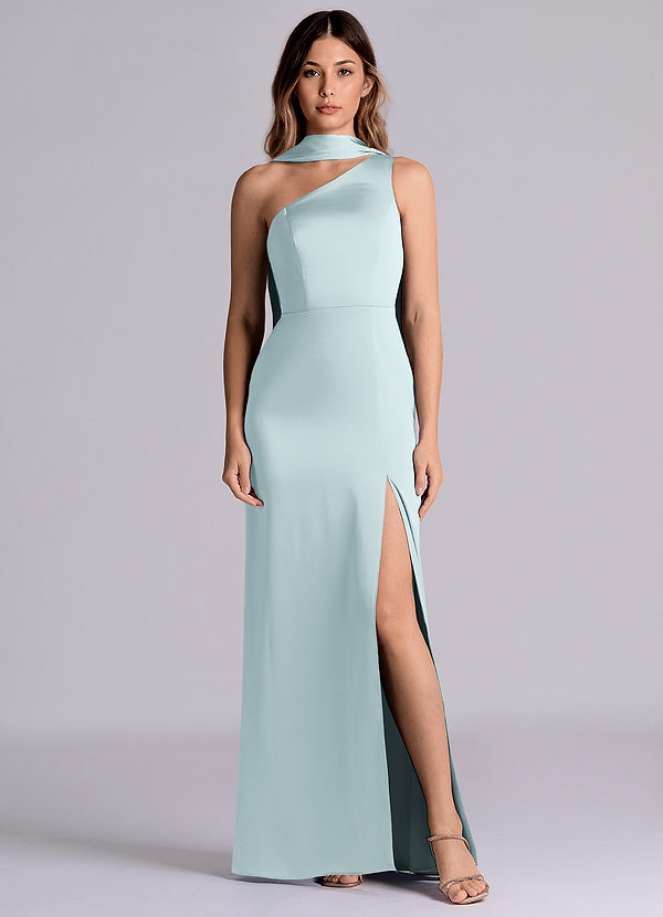 Azazie Philana Brautjungfernkleider A-Linie One-Shoulder Stretch-Satin Kleid Nebel image1