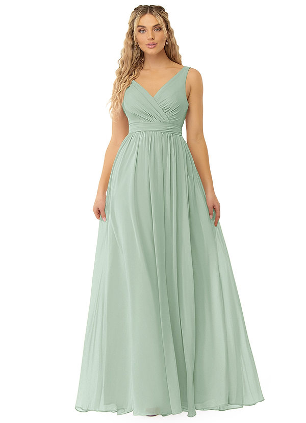 Azazie Kora Bridesmaid Dresses Agave A-Line Pleated Chiffon Dress image1