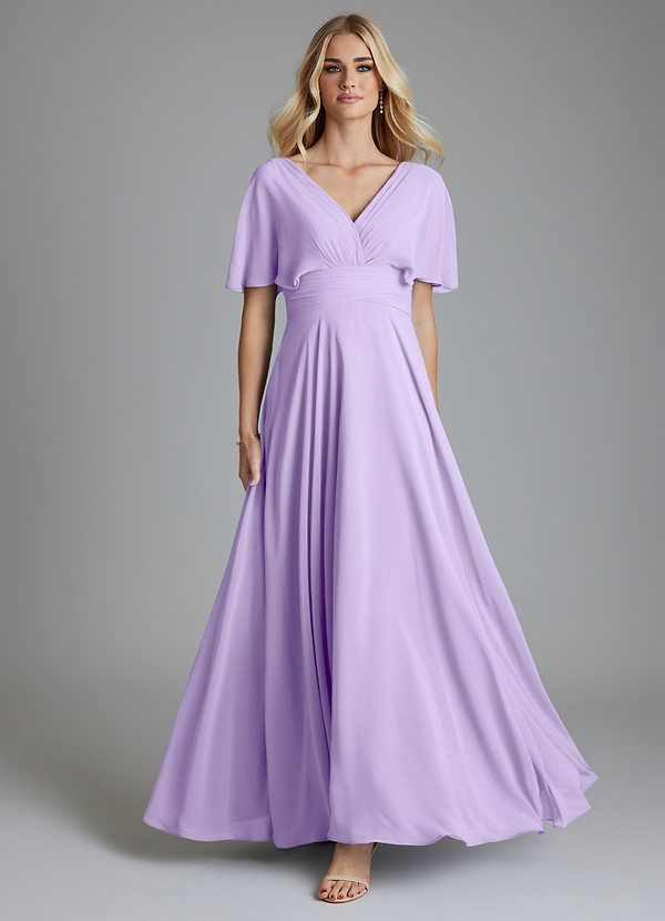Azazie Pamela Vestidos Dama de Honor Vestido de Lila de Gasa de Corte en A con Cuello en V plisado image1