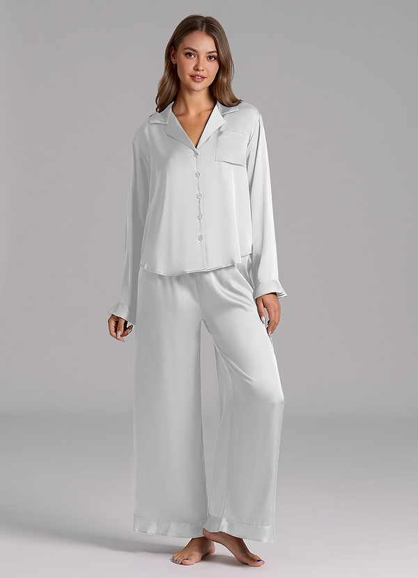 front Farblich passendes Pyjama-Set aus Satin mit Rüschen und langen Ärmeln
