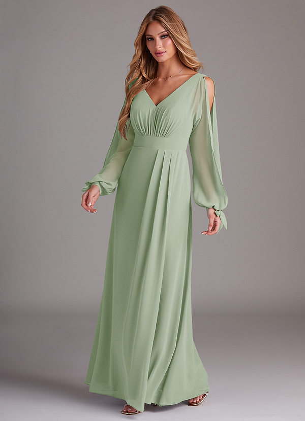 Azazie Matilda Bridesmaid Dresses Dusty Sage A-Line Long Sleeve Chiffon Dress image1