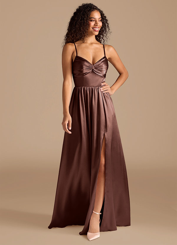 Azazie Zeya Bridesmaid Dresses Espresso A-Line Pleated Metallic Satin Dress image1