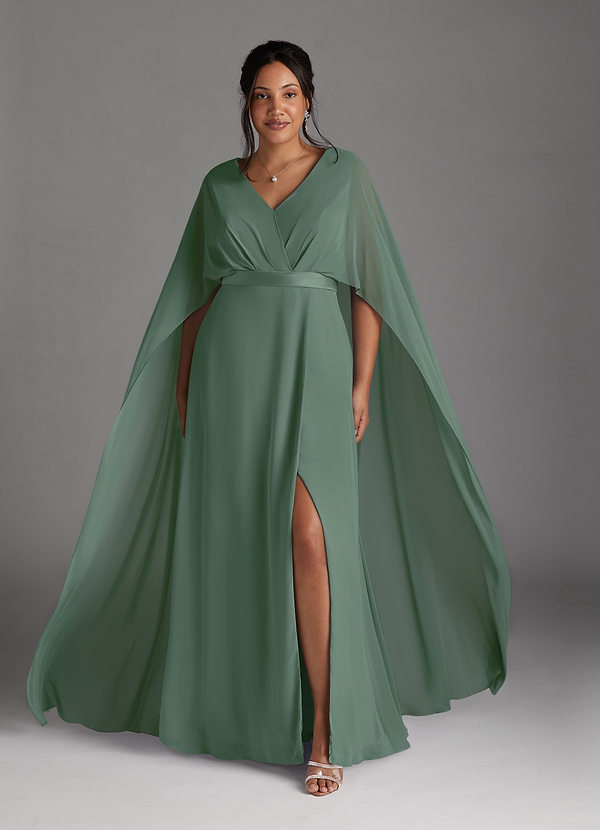 Azazie Isa Mother of the Brides Dresses Eucalyptus A-Line V-Neck Pleated Chiffon Dress image1