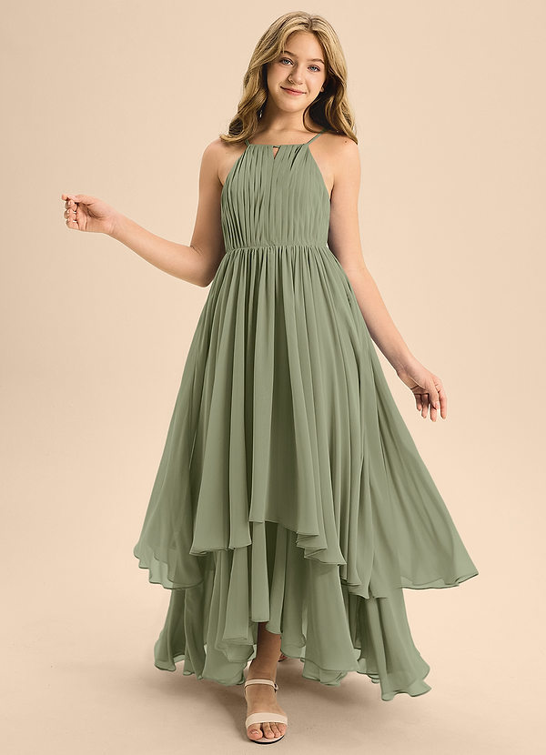 Azazie Elliora Junior Pistachio A-Line Pleated Chiffon Dress image1