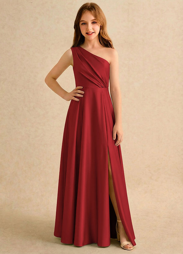 Azazie Puddles Girls Formal Robes de Fillette d'Honneur Robe Trapèze en Satin extensible Une épaule Grenade image1