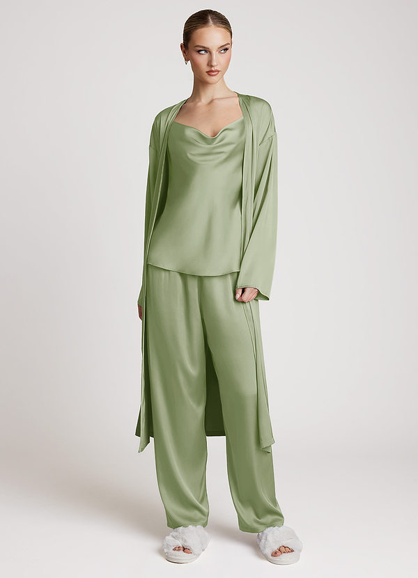 front Verde Salvia Completo da notte in raso a maniche lunghe, 3 pezzi