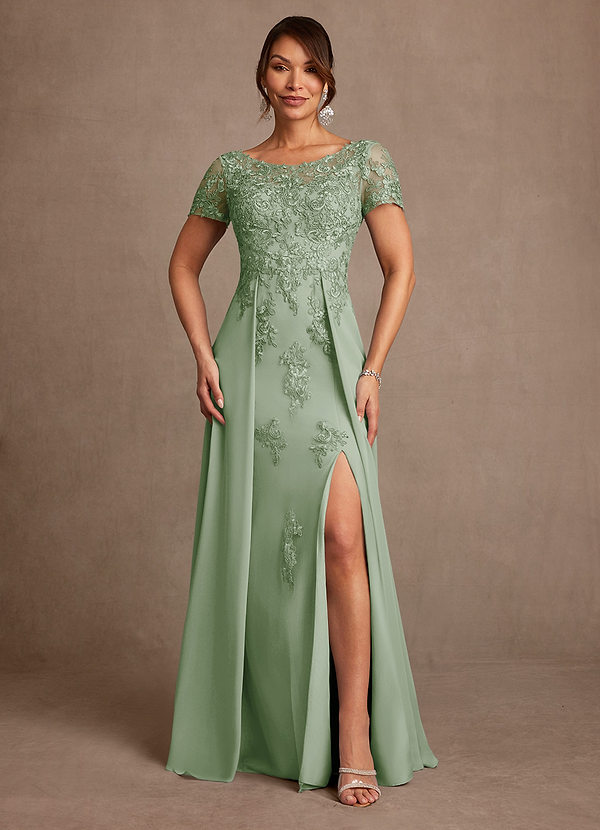 Azazie Alva Vestidos para Mãe da Noiva Vestido Dusty Sage de Renda de Linha A image1