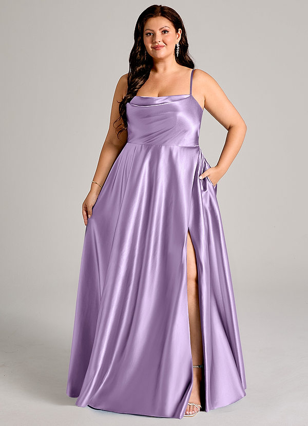 Azazie Elle Bridesmaid Dresses Lilac A-Line with Pockets Metallic Satin Dress image1