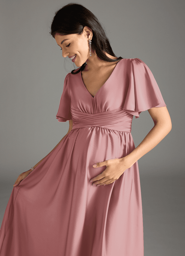 Azazie Verna Gravid brudtärna Klänningar Klänning A-Line Ruched Golvlängd Stretch Satin image1