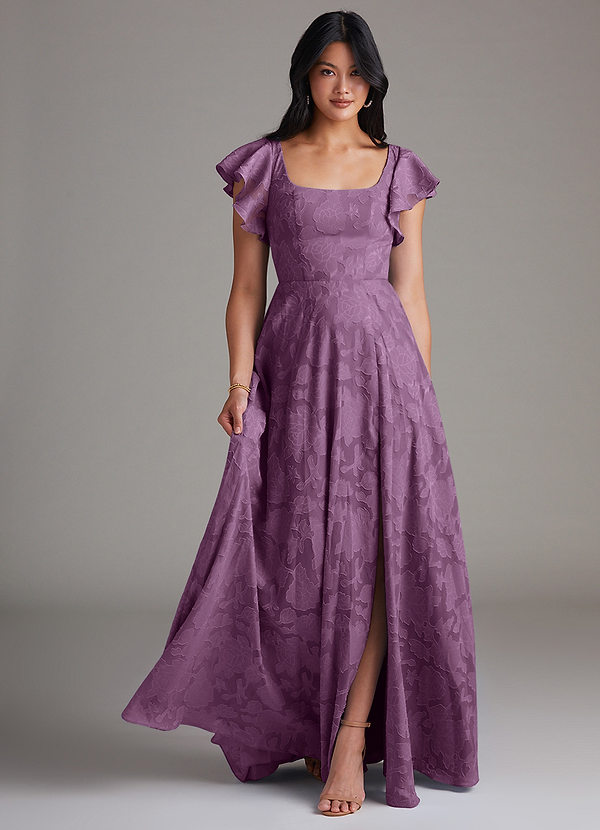Azazie Bondi Bridesmaid Dresses Wisteria A-Line Side Slit Floral Burnout Dress image1