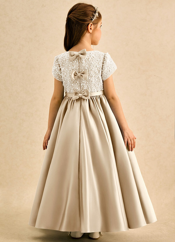 Azazie Cashew Flower Girl Dresses Champagne Ball-Gown with Sleeves Matte Satin Dress image1