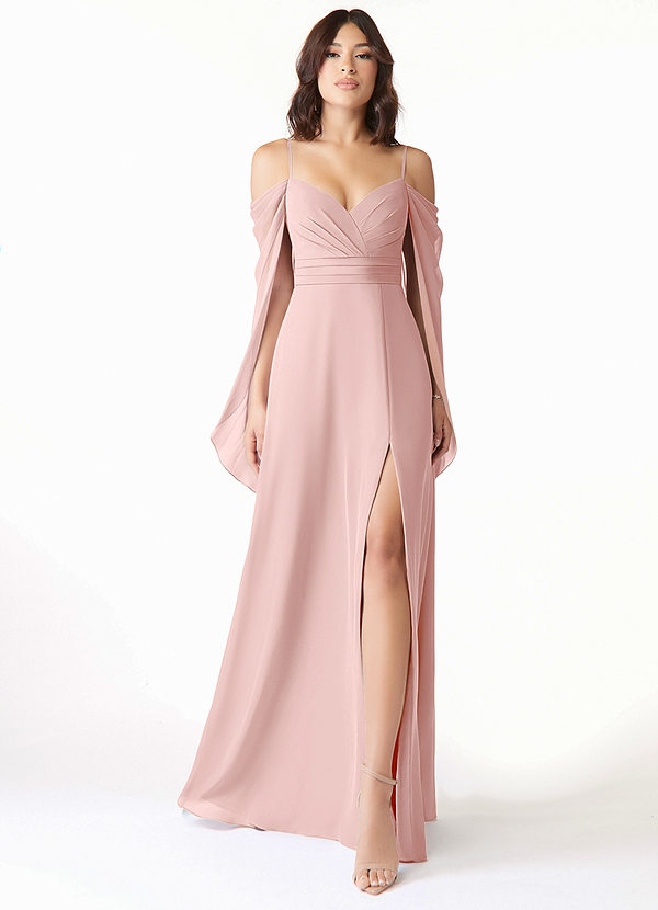 Azazie Cienna Bridesmaid Dresses Powder Pink A-Line Long Sleeve Chiffon Dress image1