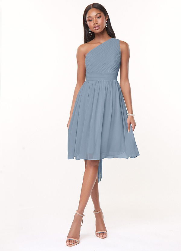 Azazie Katrina Bridesmaid Dresses Dusty Blue A-Line One Shoulder Chiffon Dress image1
