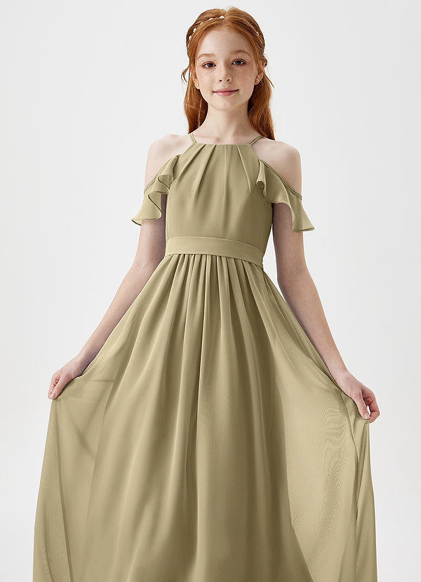 Azazie Chaya Junior Moss Green A-Line Off the Shoulder Chiffon Dress image1