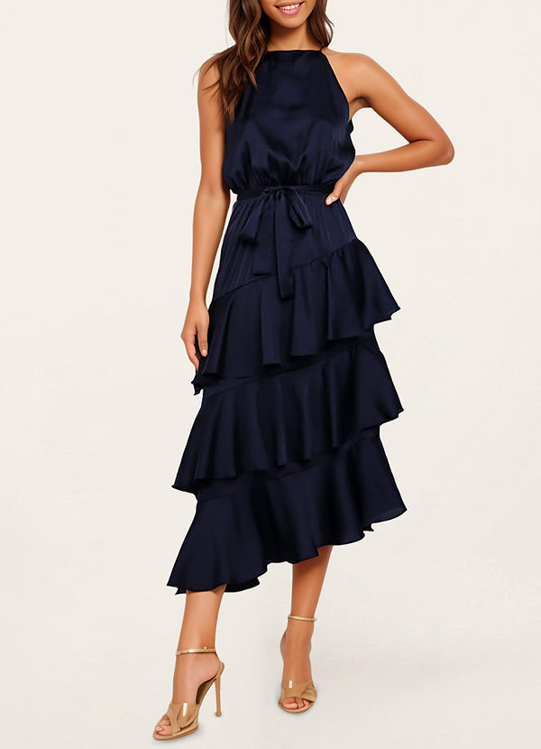 Navy Blue Hayden Navy Blue Satin Halter Neck Tiered Midi Dress Dresses | Azazie