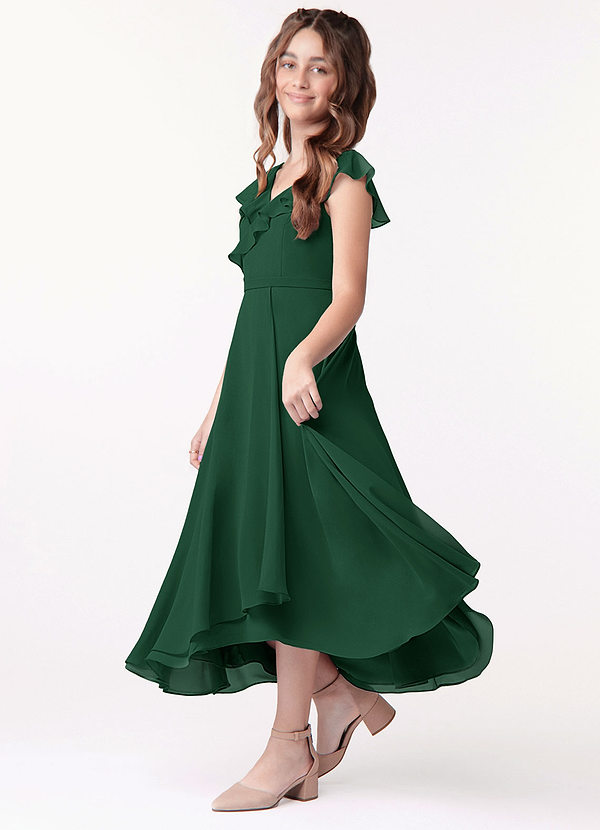 Azazie Posie Junior Dark Green A-Line Ruched Chiffon Dress image1