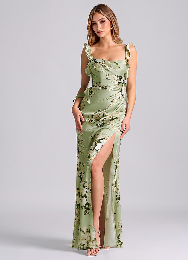 Azazie Jessamine Suknie dla druhen Osłona Gorset Satyna elastyczna Do ziemi Sukienka image1