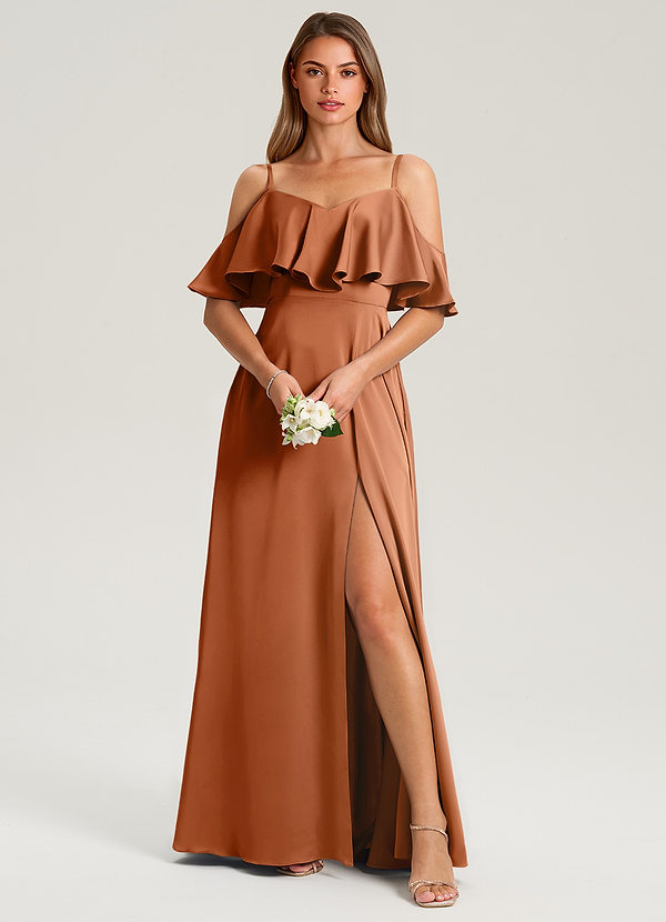 Azazie Jean Bridesmaid Dresses Copper A-Line Off the Shoulder Stretch Satin Dress image1