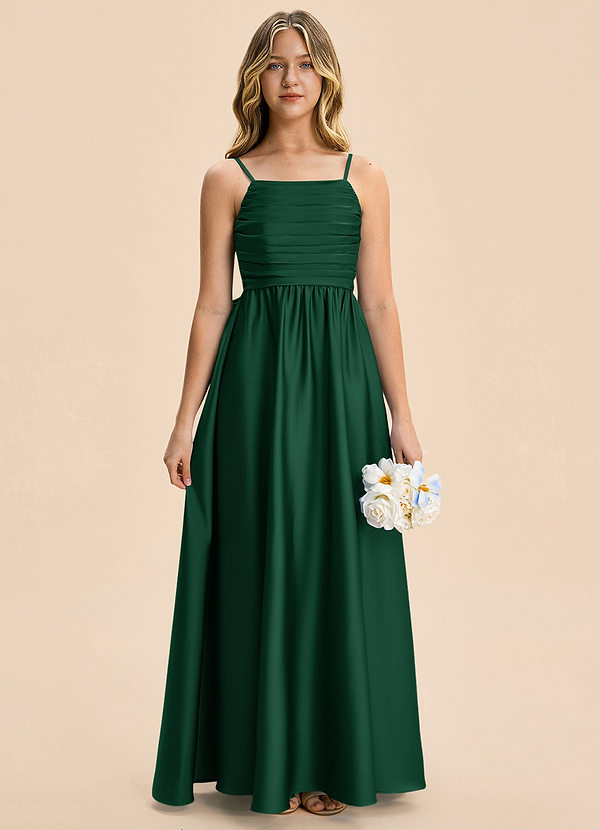 Azazie Kai Junior A-Linie Plissee Stretch-Satin Kleid Dunkelgrün image1
