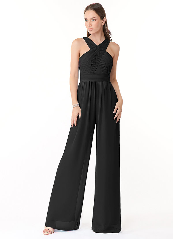 Azazie Berdie Bridesmaid Dresses Black Halter Chiffon Jumpsuit image1