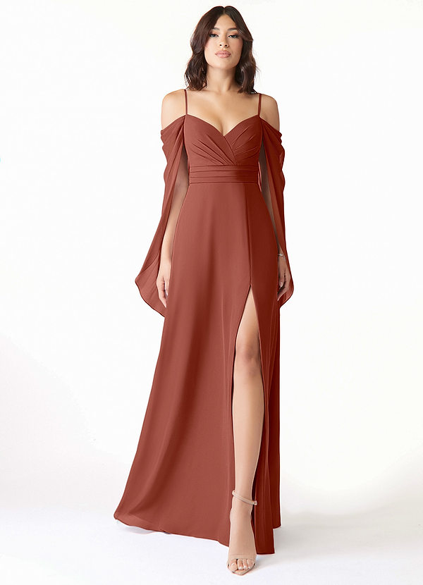 Azazie Cienna Bridesmaid Dresses Auburn A-Line Long Sleeve Chiffon Dress image1