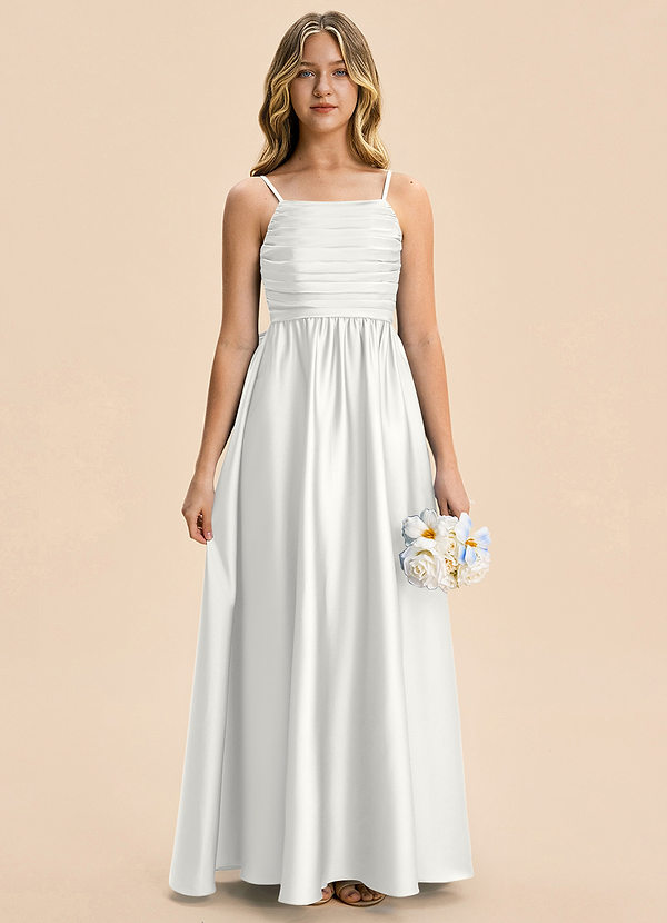 Azazie Kai Junior A-Linie Plissee Stretch-Satin Kleid Weiß image1