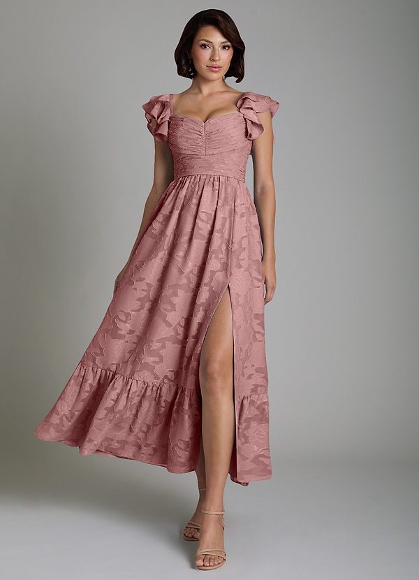 Azazie Anaya Bridesmaid Dresses Dusty Rose A-Line Ruched Floral Burnout Dress image1