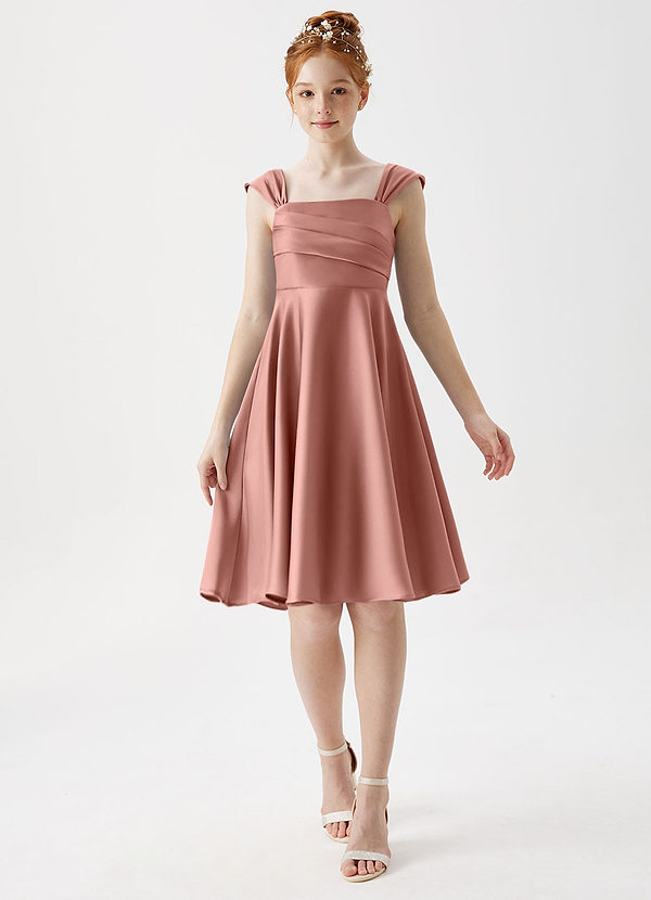 Azazie Amira Junior Rosette A-Line Pleated Stretch Satin Dress image1