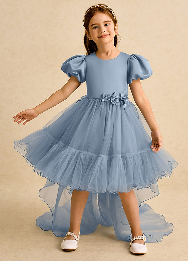 Azazie Cocoa Abiti da Ragazza di Fiori Abito Principessa in Tulle Plissettato Blu Polveroso image1