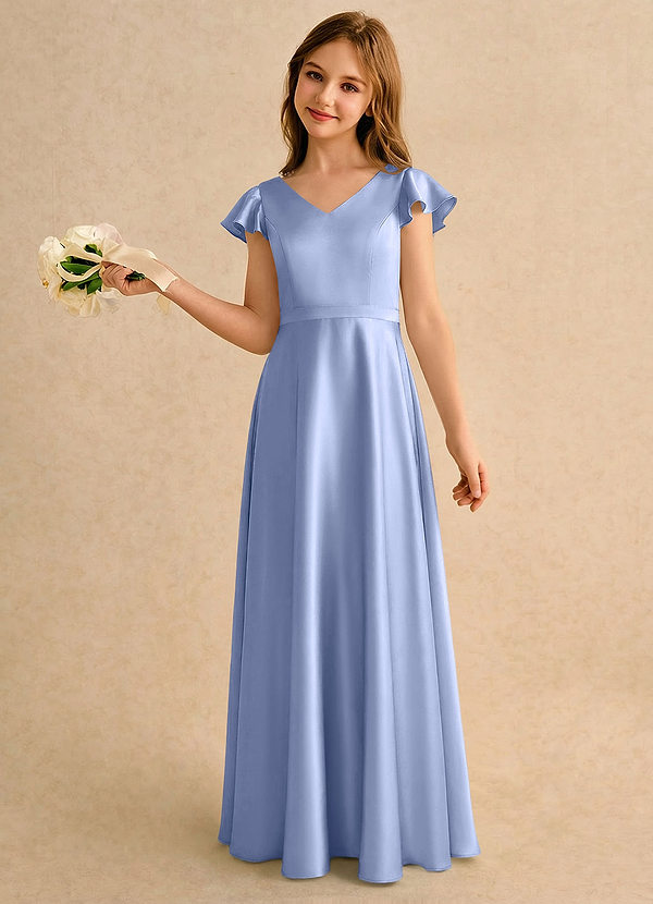 Azazie Nari Girls Formal Sukienki dla dziewczynek sypiących kwiaty Linia A z rękawami Satyna elastyczna Długość podłogi Sukienka image1