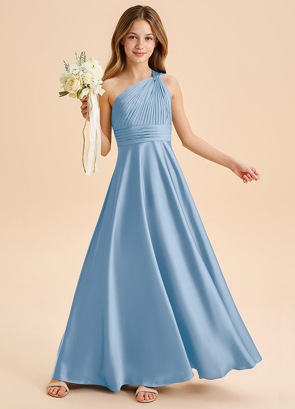 Azazie Charlize Junior Powder Blue A-Line Pleated Stretch Satin Dress image1