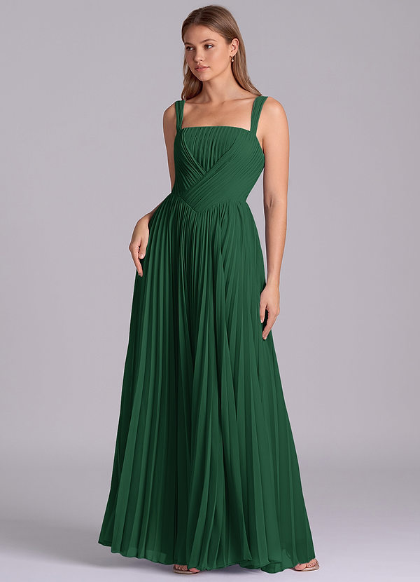 Azazie Mina Bridesmaid Dresses Dark Green A-Line Pleated Chiffon Dress image1