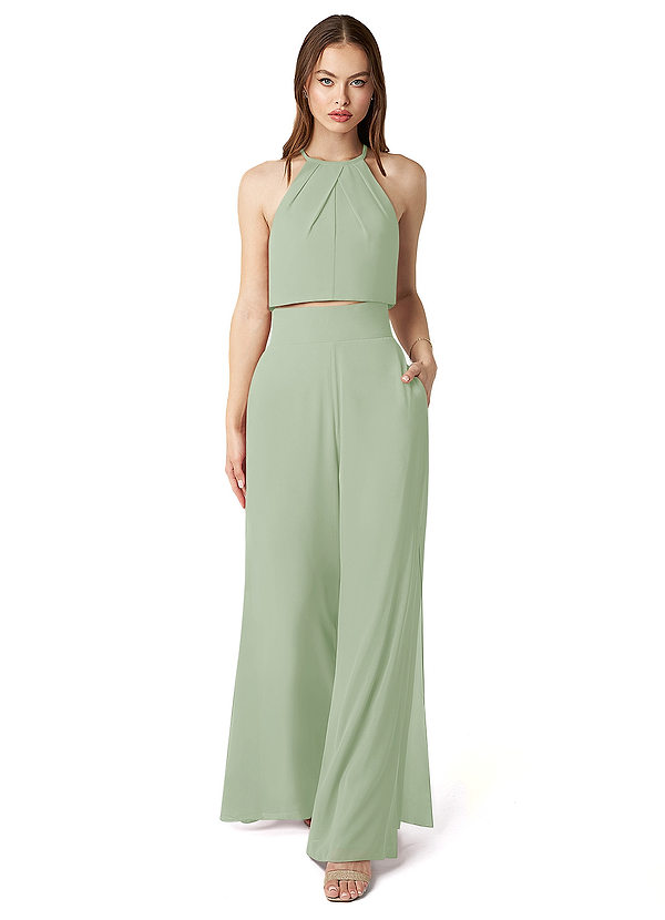 Azazie Kenzi Bridesmaid Dresses Dusty Sage Pleated Chiffon Jumpsuit image1